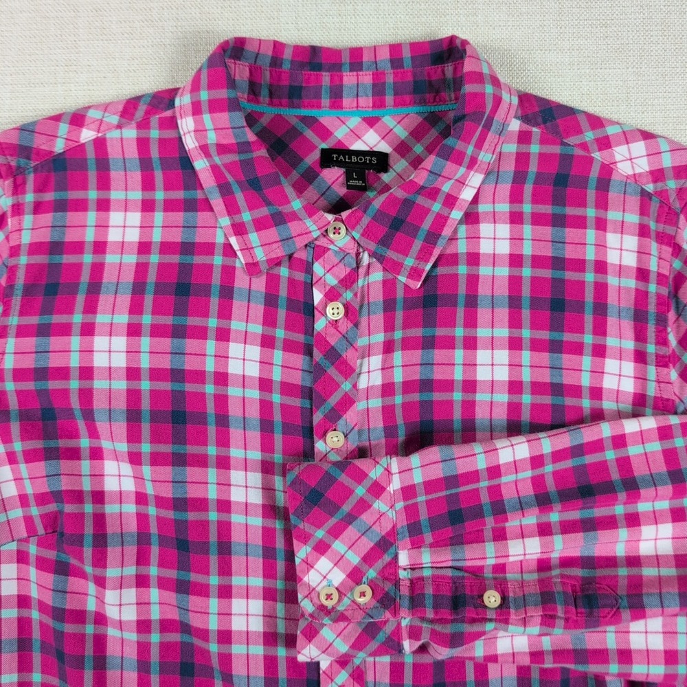 Talbots Plaid Button Down Shirt Large Pink Blue Plaid Cotton Classic Preppy EUC